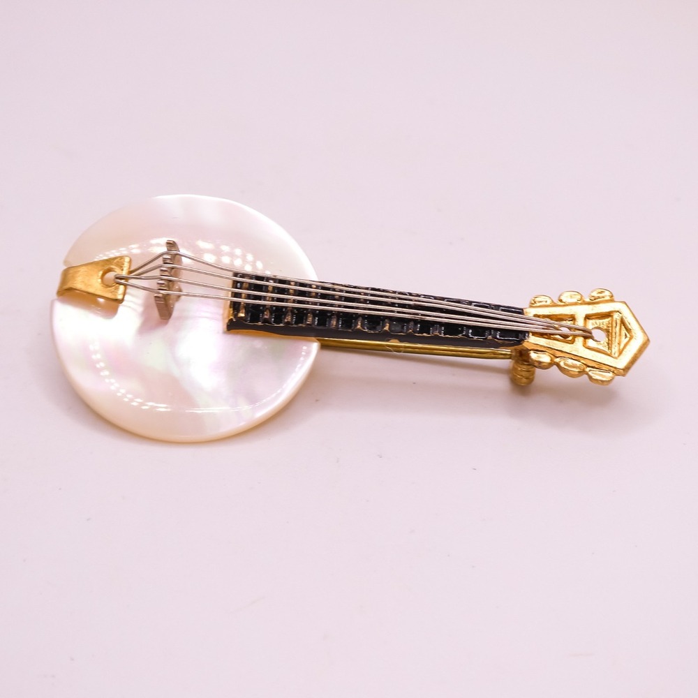 Vintage West Germany Mother Of Pearl Mandolin Banjo Figural 1.9" Brooch Pin